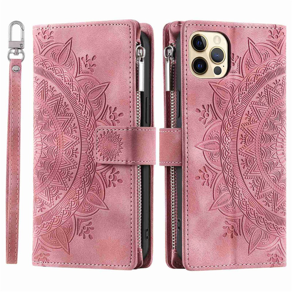 For iPhone 12 6.1 inch / 12 Pro 6.1 Anti-scratch Zipper Pocket Wallet Cover Stand Mandala Flower Imprinted PU Leather Phone Case with Multiple Card Slots and Strap