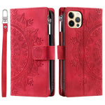 For iPhone 12 6.1 inch / 12 Pro 6.1 Anti-scratch Zipper Pocket Wallet Cover Stand Mandala Flower Imprinted PU Leather Phone Case with Multiple Card Slots and Strap