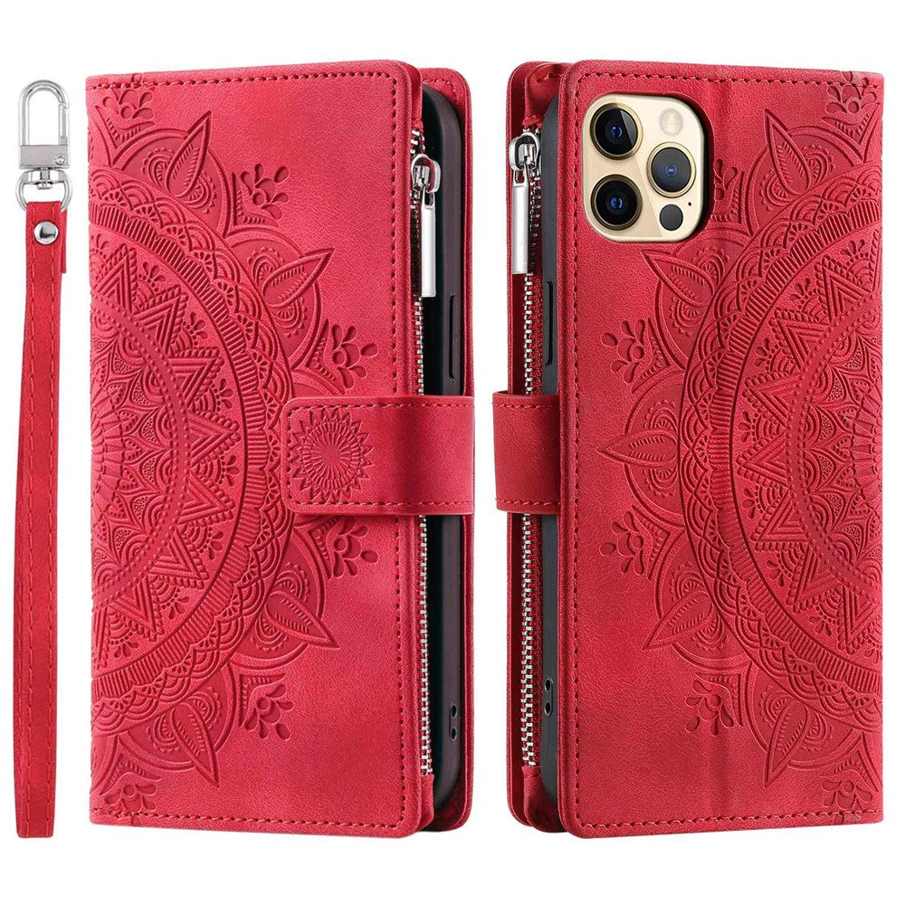 For iPhone 12 6.1 inch / 12 Pro 6.1 Anti-scratch Zipper Pocket Wallet Cover Stand Mandala Flower Imprinted PU Leather Phone Case with Multiple Card Slots and Strap