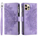 For iPhone 12 6.1 inch / 12 Pro 6.1 Anti-scratch Zipper Pocket Wallet Cover Stand Mandala Flower Imprinted PU Leather Phone Case with Multiple Card Slots and Strap