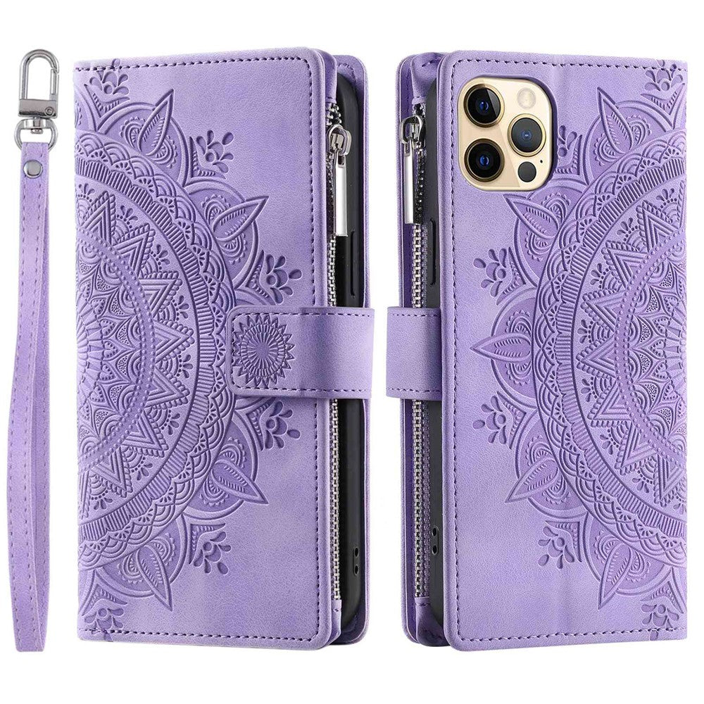 For iPhone 12 6.1 inch / 12 Pro 6.1 Anti-scratch Zipper Pocket Wallet Cover Stand Mandala Flower Imprinted PU Leather Phone Case with Multiple Card Slots and Strap