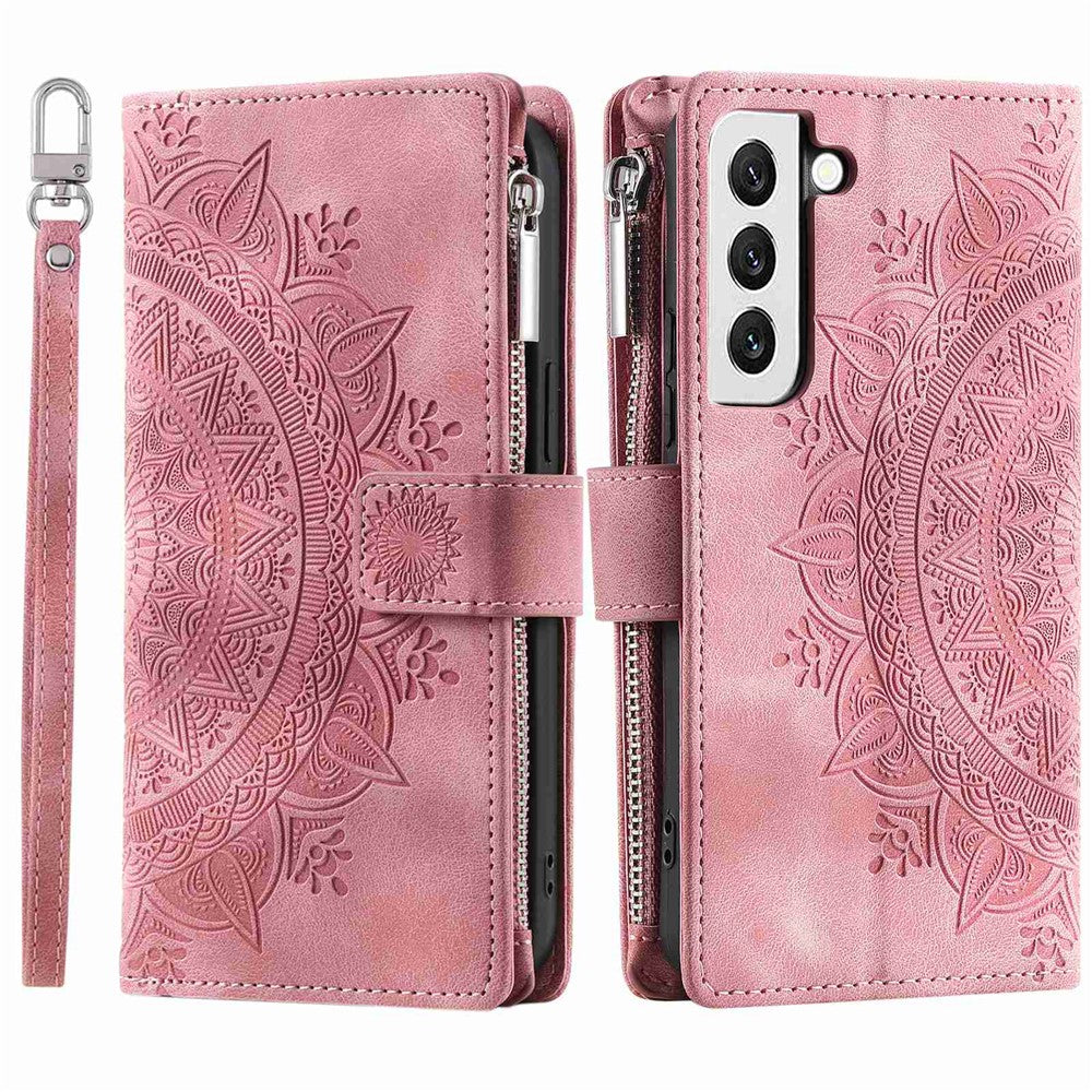 For Samsung Galaxy S21 5G Mandala Flower Imprinted Full Coverage PU Leather Phone Cover Stand with Multiple Card Slots Zipper Pocket Wallet Case
