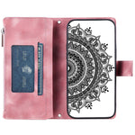 For Samsung Galaxy S21 5G Mandala Flower Imprinted Full Coverage PU Leather Phone Cover Stand with Multiple Card Slots Zipper Pocket Wallet Case