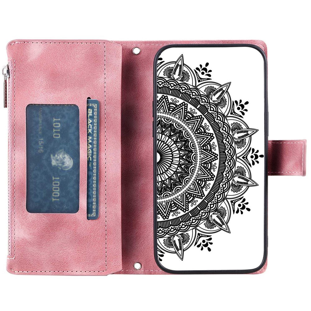 For Samsung Galaxy S21 5G Mandala Flower Imprinted Full Coverage PU Leather Phone Cover Stand with Multiple Card Slots Zipper Pocket Wallet Case