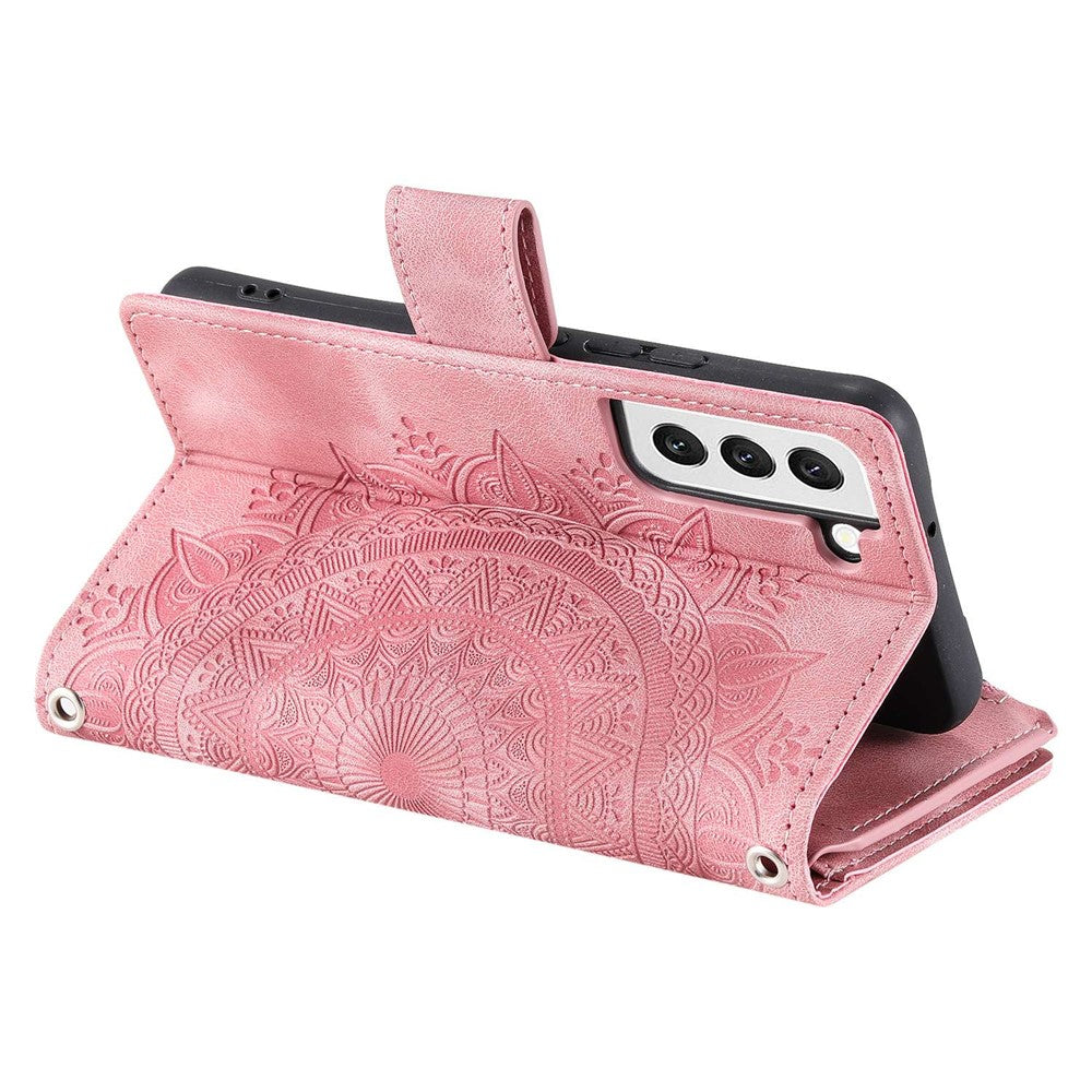 For Samsung Galaxy S21 5G Mandala Flower Imprinted Full Coverage PU Leather Phone Cover Stand with Multiple Card Slots Zipper Pocket Wallet Case