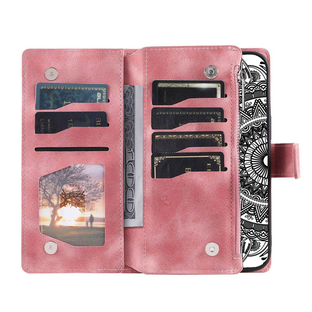 For Samsung Galaxy S21 5G Mandala Flower Imprinted Full Coverage PU Leather Phone Cover Stand with Multiple Card Slots Zipper Pocket Wallet Case