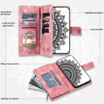 For Samsung Galaxy S21 5G Mandala Flower Imprinted Full Coverage PU Leather Phone Cover Stand with Multiple Card Slots Zipper Pocket Wallet Case