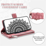 For Samsung Galaxy S21 5G Mandala Flower Imprinted Full Coverage PU Leather Phone Cover Stand with Multiple Card Slots Zipper Pocket Wallet Case
