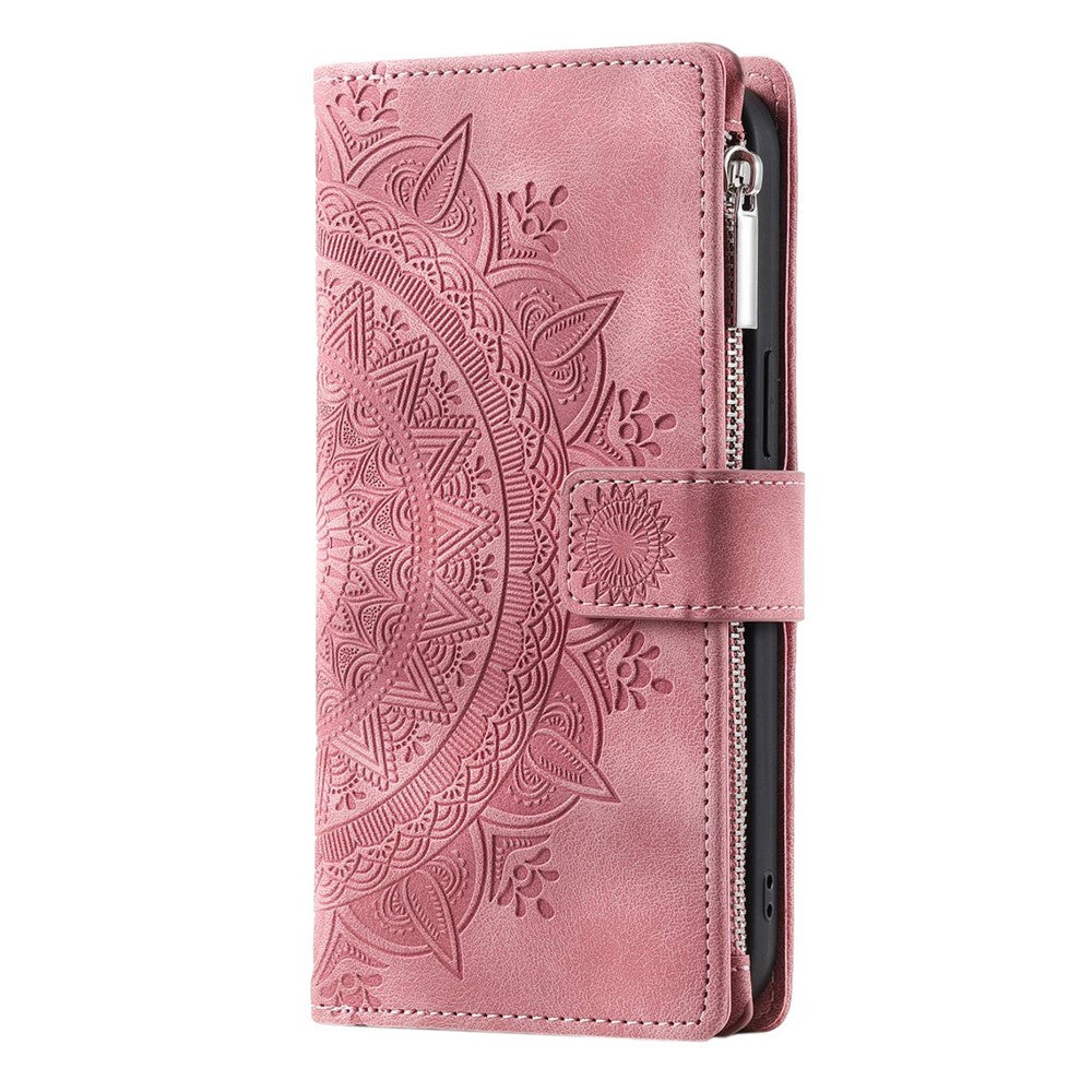 For Samsung Galaxy S21 5G Mandala Flower Imprinted Full Coverage PU Leather Phone Cover Stand with Multiple Card Slots Zipper Pocket Wallet Case