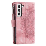 For Samsung Galaxy S21 5G Mandala Flower Imprinted Full Coverage PU Leather Phone Cover Stand with Multiple Card Slots Zipper Pocket Wallet Case