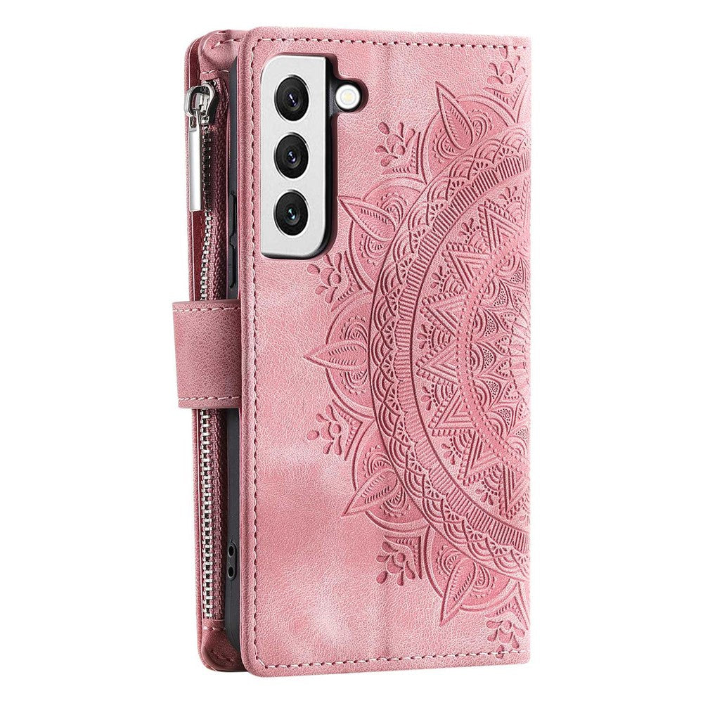 For Samsung Galaxy S21 5G Mandala Flower Imprinted Full Coverage PU Leather Phone Cover Stand with Multiple Card Slots Zipper Pocket Wallet Case