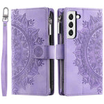 For Samsung Galaxy S21 5G Mandala Flower Imprinted Full Coverage PU Leather Phone Cover Stand with Multiple Card Slots Zipper Pocket Wallet Case