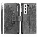 For Samsung Galaxy S21 5G Mandala Flower Imprinted Full Coverage PU Leather Phone Cover Stand with Multiple Card Slots Zipper Pocket Wallet Case