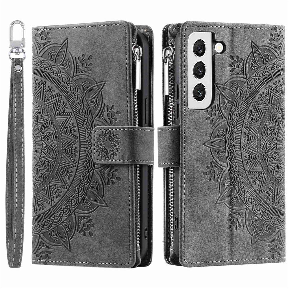 For Samsung Galaxy S21 5G Mandala Flower Imprinted Full Coverage PU Leather Phone Cover Stand with Multiple Card Slots Zipper Pocket Wallet Case