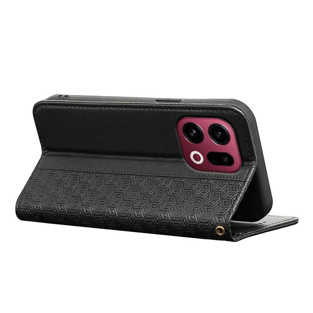 For Oppo Find X9 5G Wallet Phone Case Checkered Pattern Imprint Leather Flip Cover with Wrist Strap