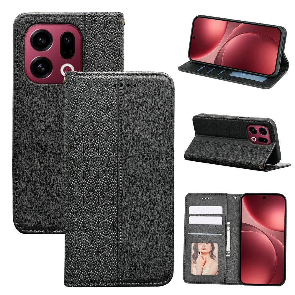 For Oppo Find X9 5G Wallet Phone Case Checkered Pattern Imprint Leather Flip Cover with Wrist Strap