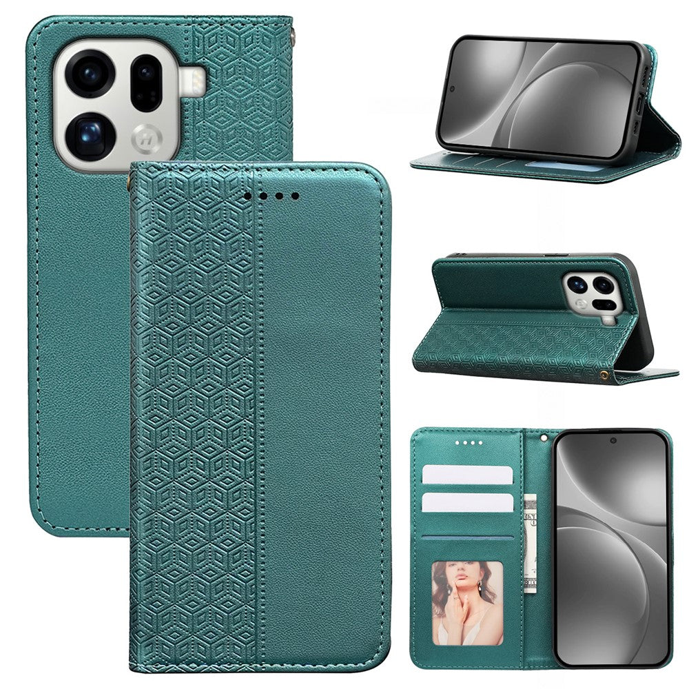 For Oppo Find X9 Pro 5G Wallet Phone Case Checkered Pattern Imprint Leather Flip Cover with Wrist Strap