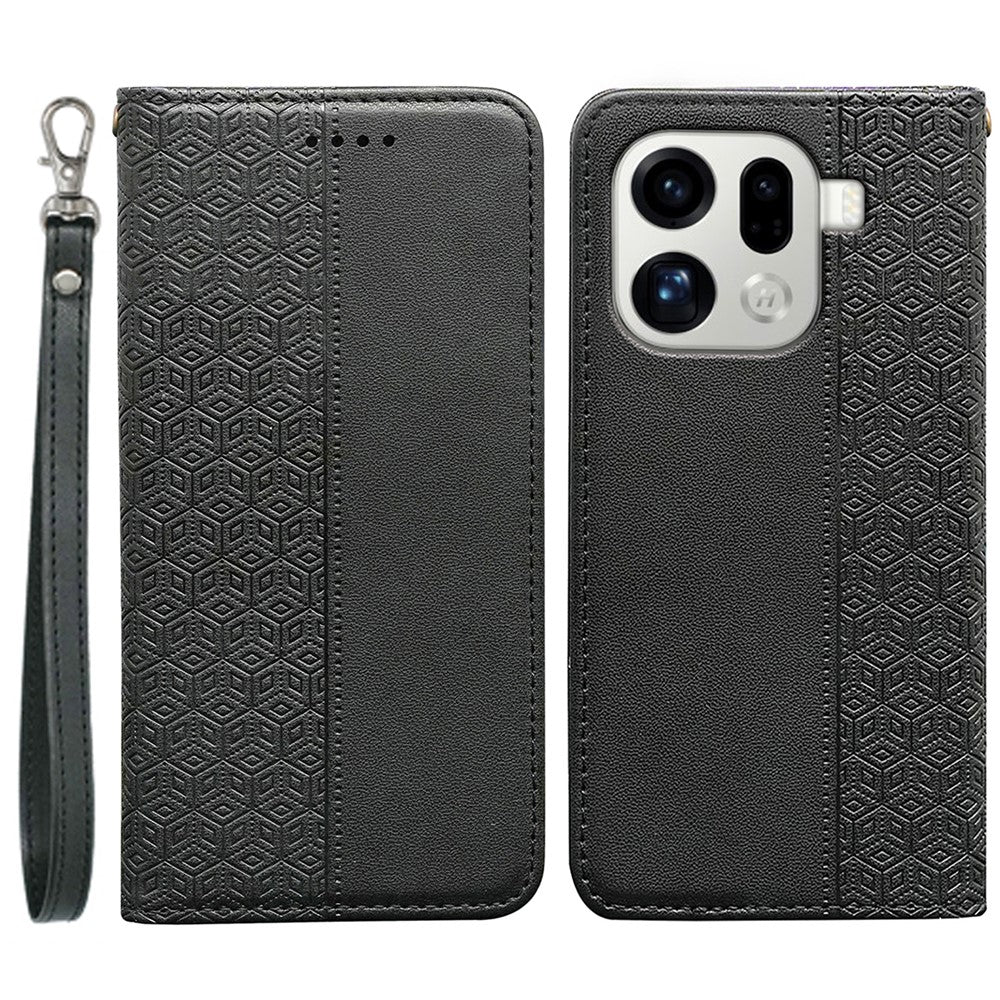For Oppo Find X9 Pro 5G Wallet Phone Case Checkered Pattern Imprint Leather Flip Cover with Wrist Strap