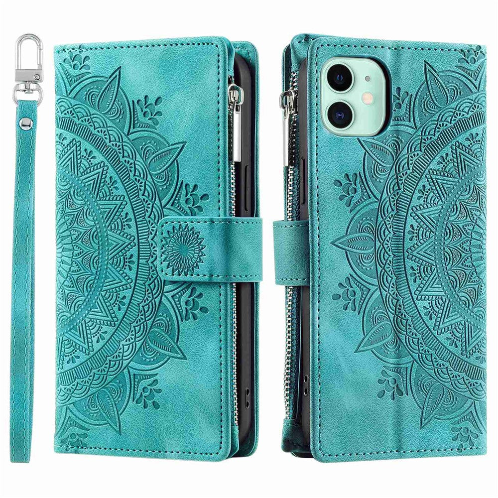 For iPhone 11 6.1 inch Mandala Flower Imprinted PU Leather Phone Cover Foldable Stand with Multiple Card Slots Zipper Pocket Wallet Case