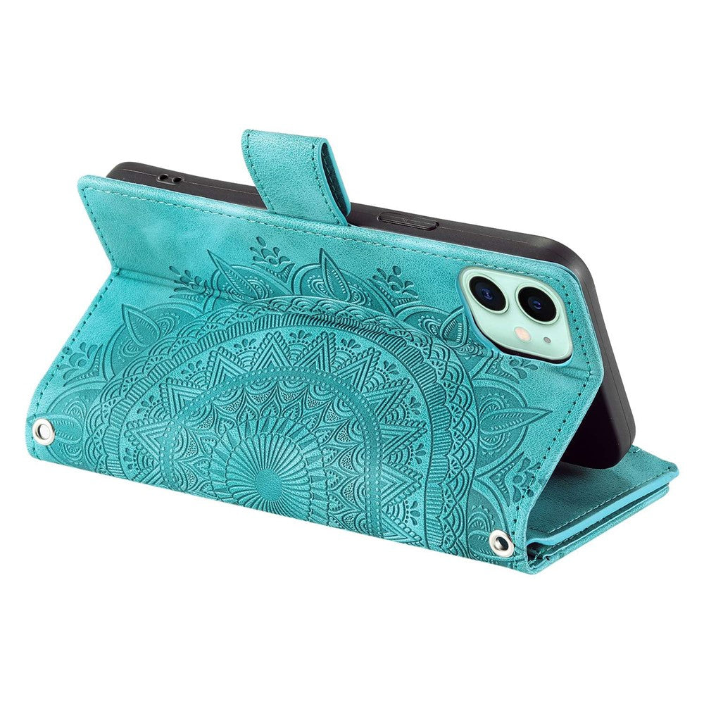 For iPhone 11 6.1 inch Mandala Flower Imprinted PU Leather Phone Cover Foldable Stand with Multiple Card Slots Zipper Pocket Wallet Case