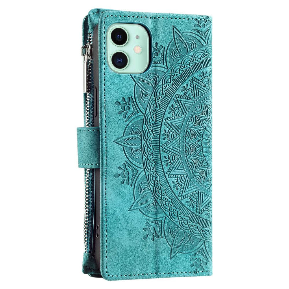 For iPhone 11 6.1 inch Mandala Flower Imprinted PU Leather Phone Cover Foldable Stand with Multiple Card Slots Zipper Pocket Wallet Case