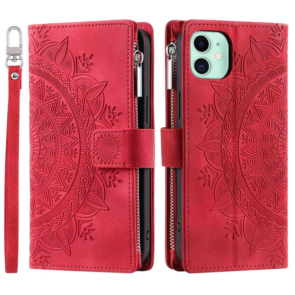 For iPhone 11 6.1 inch Mandala Flower Imprinted PU Leather Phone Cover Foldable Stand with Multiple Card Slots Zipper Pocket Wallet Case