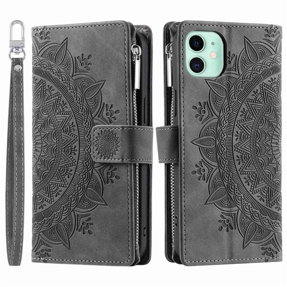 For iPhone 11 6.1 inch Mandala Flower Imprinted PU Leather Phone Cover Foldable Stand with Multiple Card Slots Zipper Pocket Wallet Case