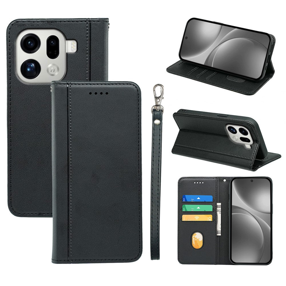 Til Oppo Find X9 Pro 5G Pung Etui Magnetisk Lukning PU Læder Telefoncover med Håndledsrem