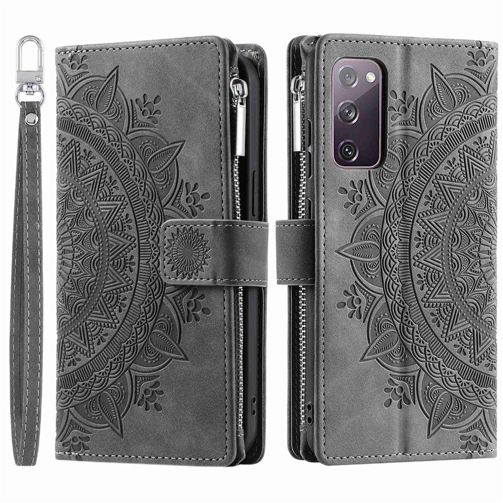 For Samsung Galaxy S20 FE 4G  /  5G  /  S20 FE 2022  /  S20 Lite Zipper Pocket Phone Case, Anti-fall Mandala Flower Imprinted PU Leather Stand Cover Multiple Card Slots Wallet