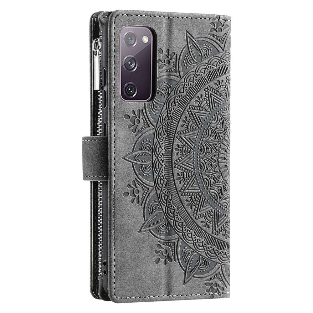 Samsung Galaxy S20 FE 4G / 5G / S20 FE 2022 / S20 Lite, Mobilskal med dragkedja, Fallskyddande PU-läder, Mandala-blomma, Stativ, Flera Kortfacks, Plånbok