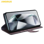 AMORUS til Samsung Galaxy S25 Ultra etui med stativ, kalveskindstekstur, ægte splitlæder og tegnebog