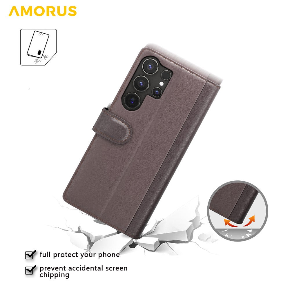 AMORUS til Samsung Galaxy S25 Ultra etui med stativ, kalveskindstekstur, ægte splitlæder og tegnebog