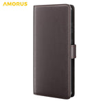 AMORUS til Samsung Galaxy S25 Ultra etui med stativ, kalveskindstekstur, ægte splitlæder og tegnebog