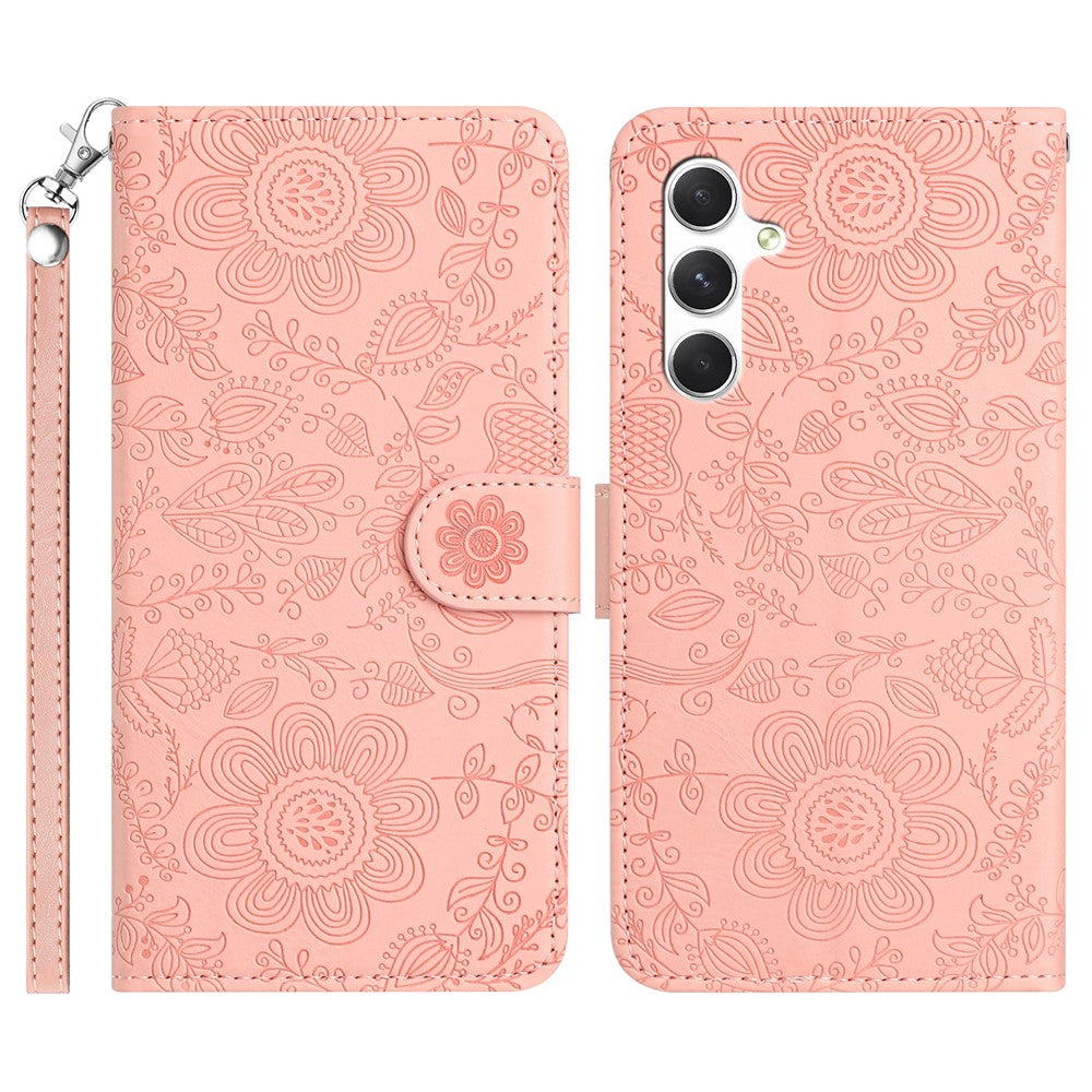 For Samsung Galaxy S26 Case Flower Imprint Leather Flip Wallet Phone Cover with Wrist Strap