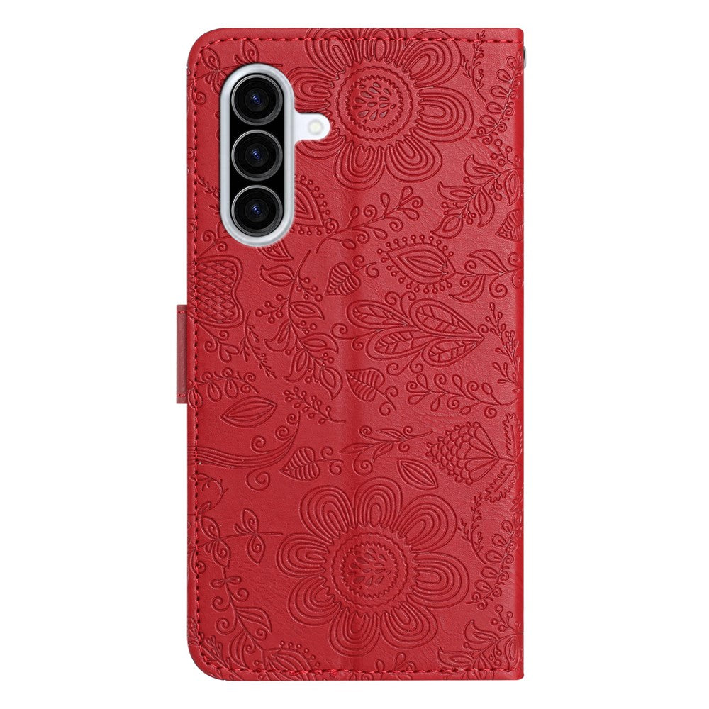 Samsung Galaxy A57 5G-skal med blommönster, läder, plånboksfodral med handledsrem