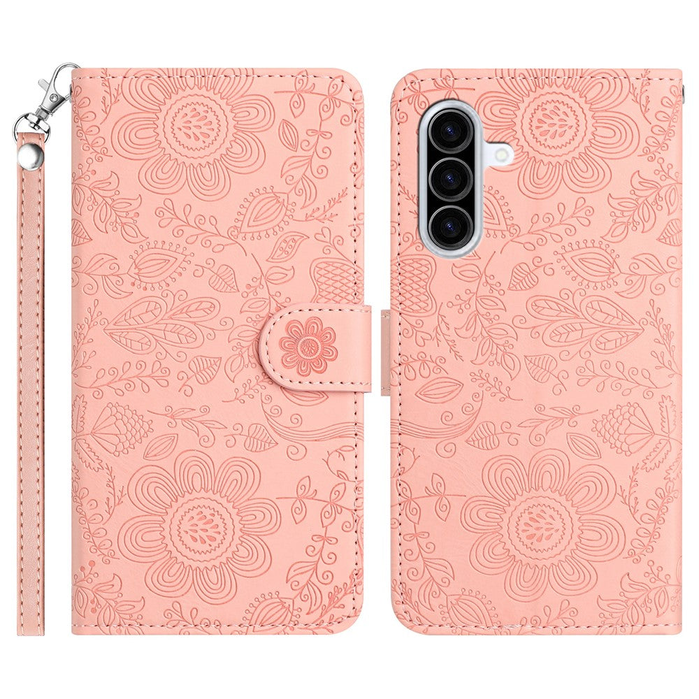 Til Samsung Galaxy A37 5G Etui Blomsterpræg Læder Flip Cover med Håndrem