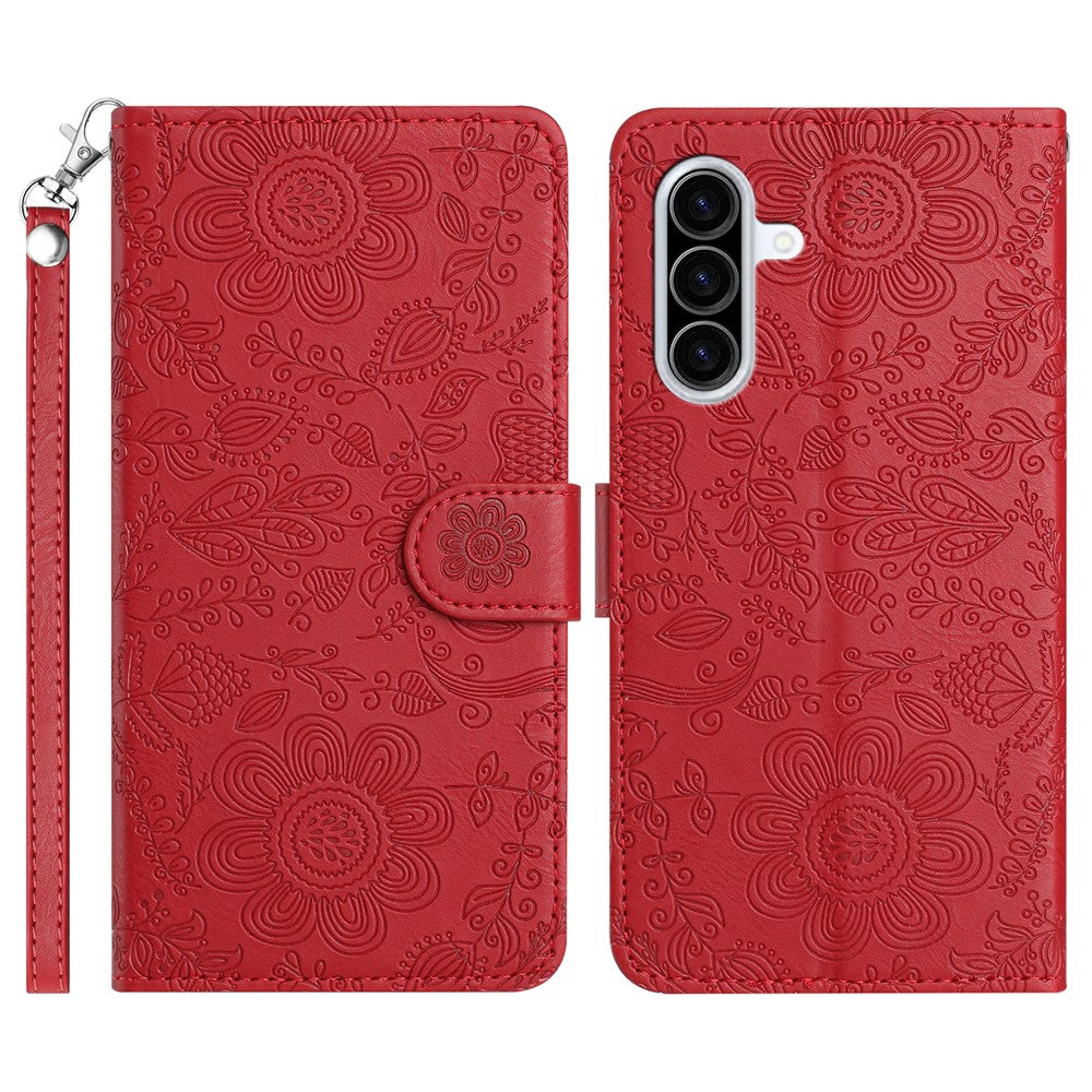 Til Samsung Galaxy A37 5G Etui Blomsterpræg Læder Flip Cover med Håndrem