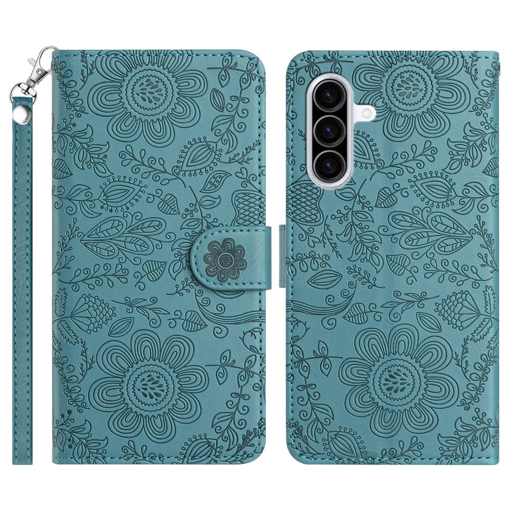 Til Samsung Galaxy A37 5G Etui Blomsterpræg Læder Flip Cover med Håndrem