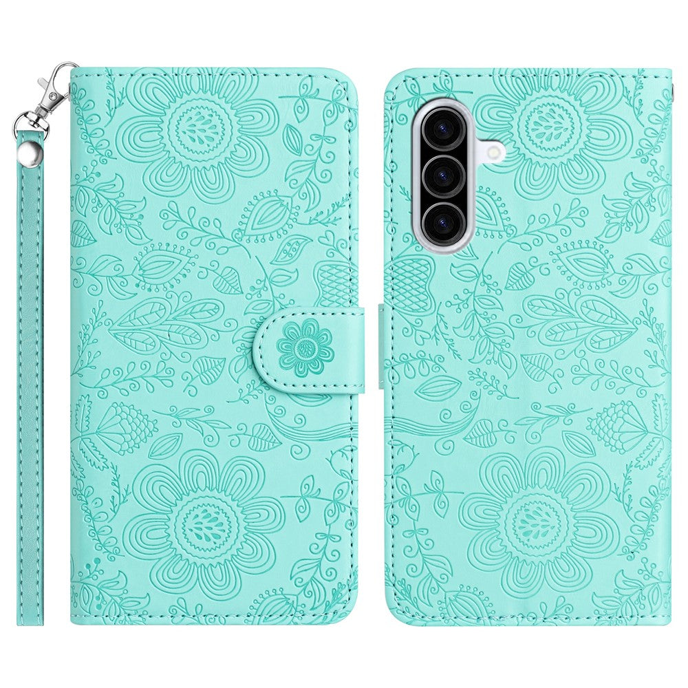 Til Samsung Galaxy A37 5G Etui Blomsterpræg Læder Flip Cover med Håndrem