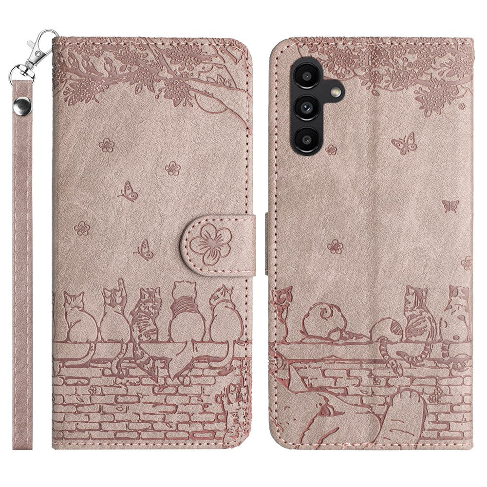 Samsung Galaxy S26-skal med handledsrem Läderfodral med väggkattmönster