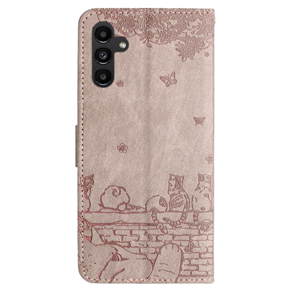 Samsung Galaxy S26-skal med handledsrem Läderfodral med väggkattmönster