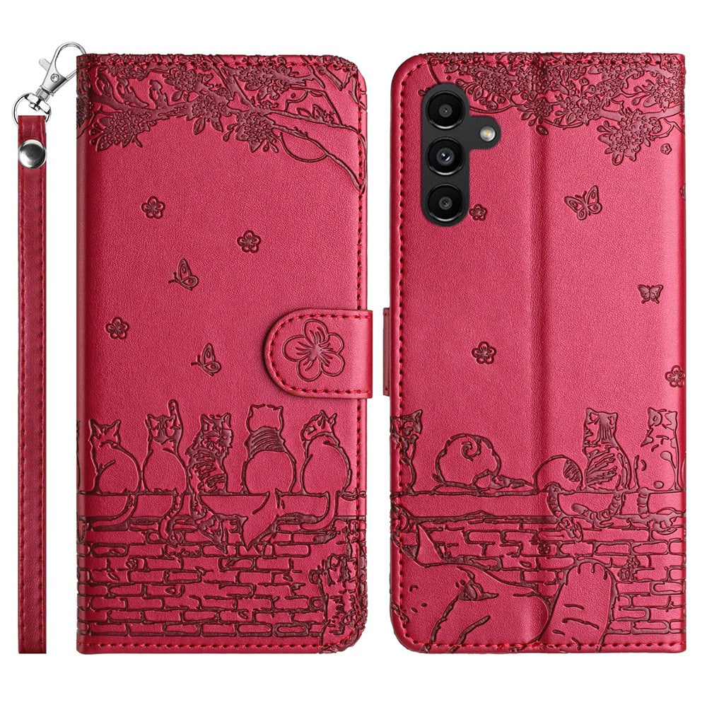 For Samsung Galaxy S26 Case with Wrist Strap Leather Phone Cover Wall Cats Pattern