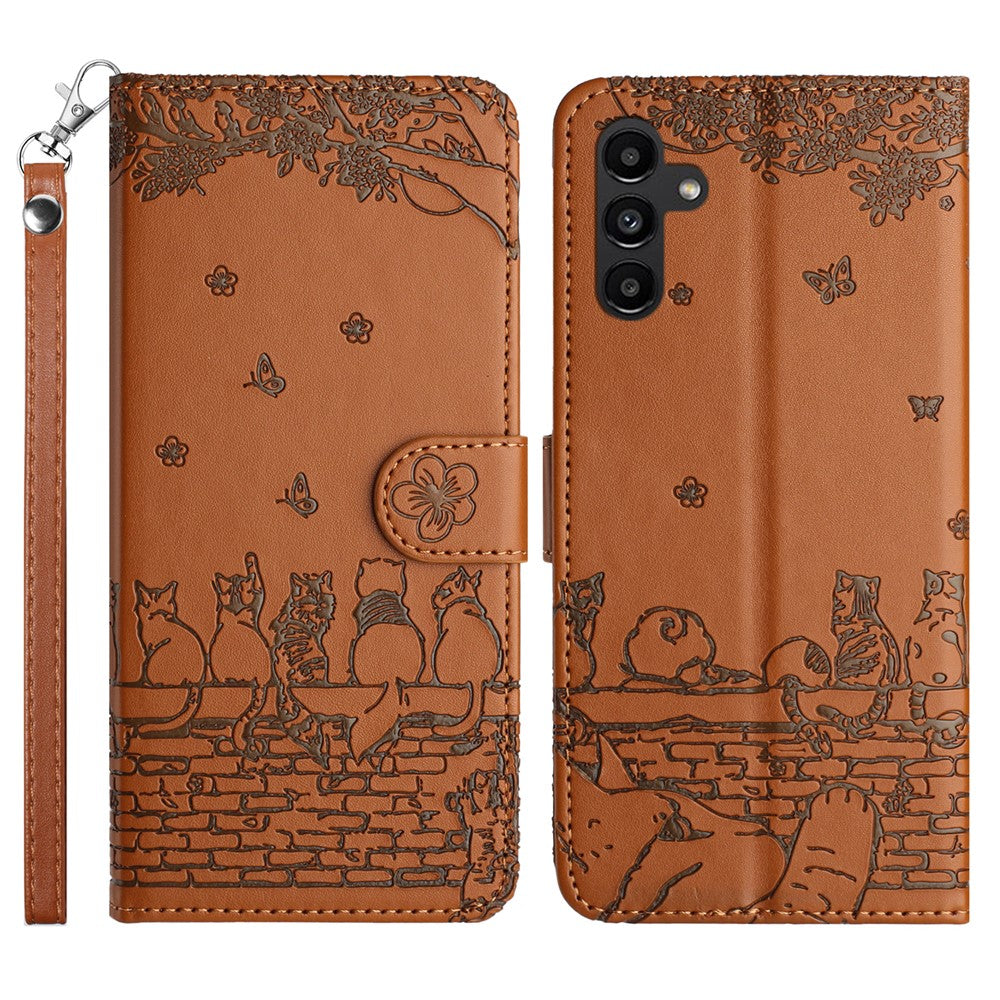 Samsung Galaxy S26-skal med handledsrem Läderfodral med väggkattmönster