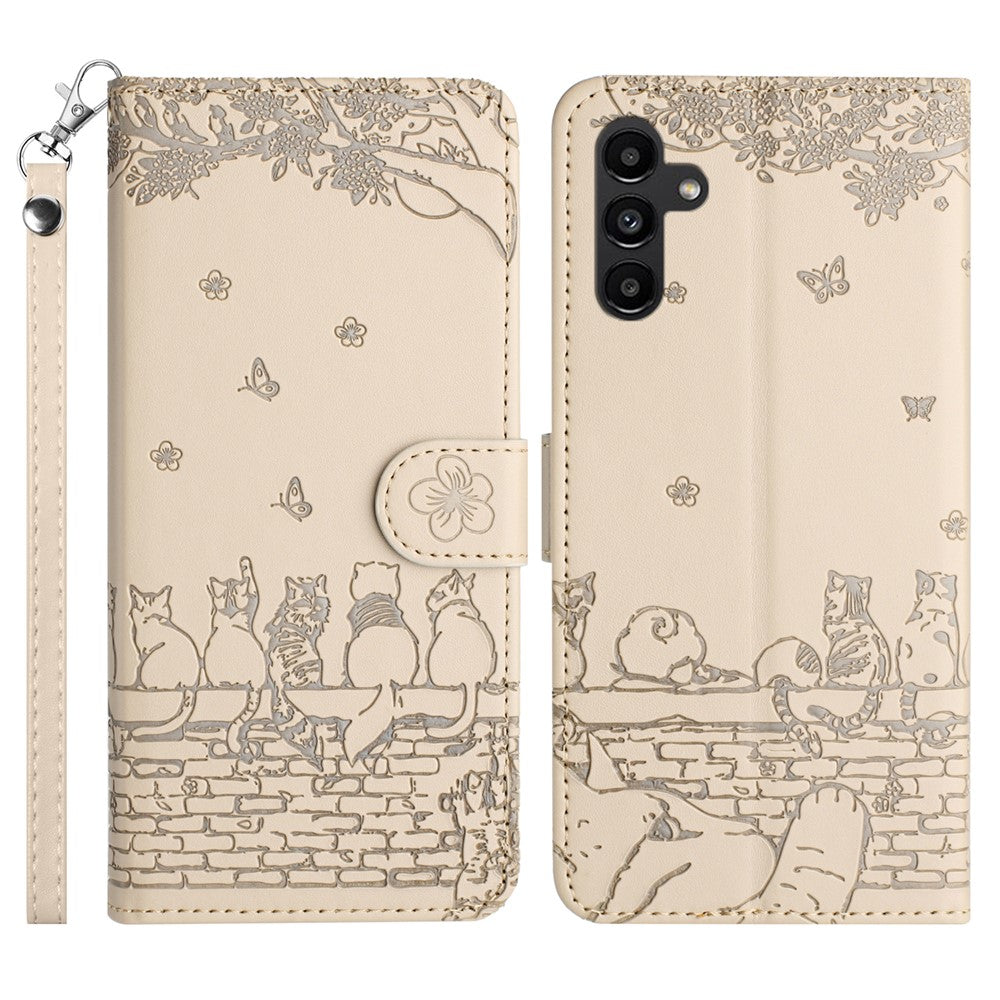 Samsung Galaxy S26-skal med handledsrem Läderfodral med väggkattmönster