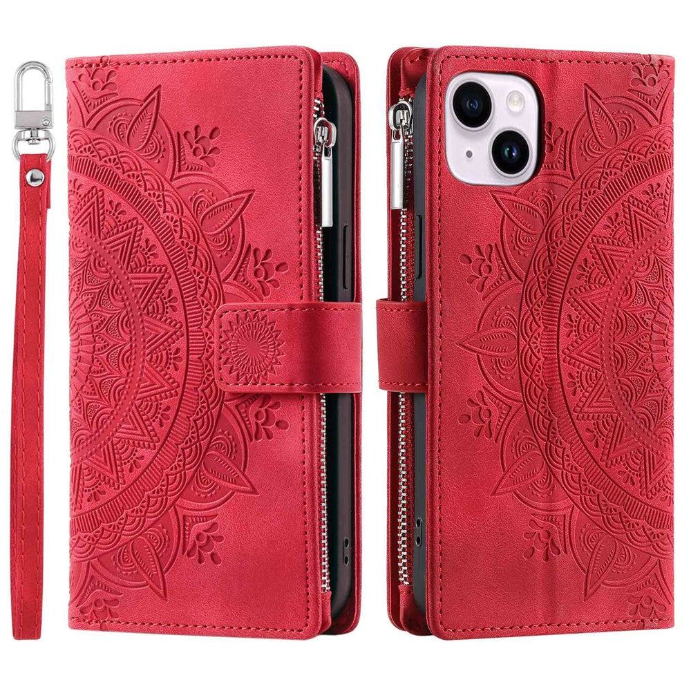 mobilskal för iPhone 14 Plus, reptåligt PU-läderfodral med mandala-tryck, stativ och flera kortfack, blixtlåsficka, plånboksfodral