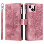 Phone Shell for iPhone 14 Plus, Anti-scratch Mandala Flower Imprinted PU Leather Cover Stand with Multiple Card Slots Zipper Pocket Wallet Case