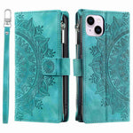 Phone Shell for iPhone 14 Plus, Anti-scratch Mandala Flower Imprinted PU Leather Cover Stand with Multiple Card Slots Zipper Pocket Wallet Case