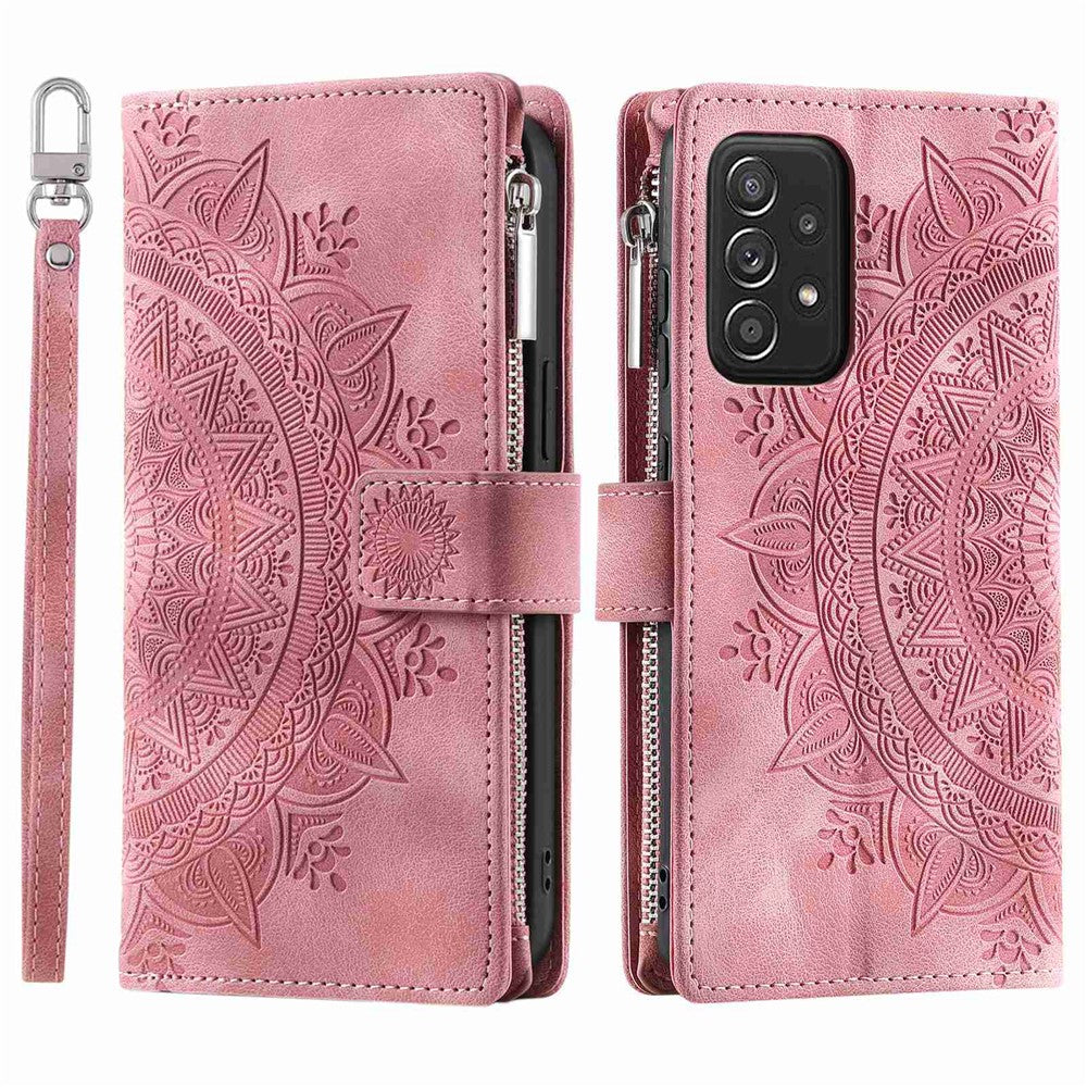 Zipper Pocket Wallet Case for Samsung Galaxy A52 4G / 5G / A52s 5G, Collision-proof Mandala Flower Imprinted PU Leather Stand Cover with Multiple Card Slots