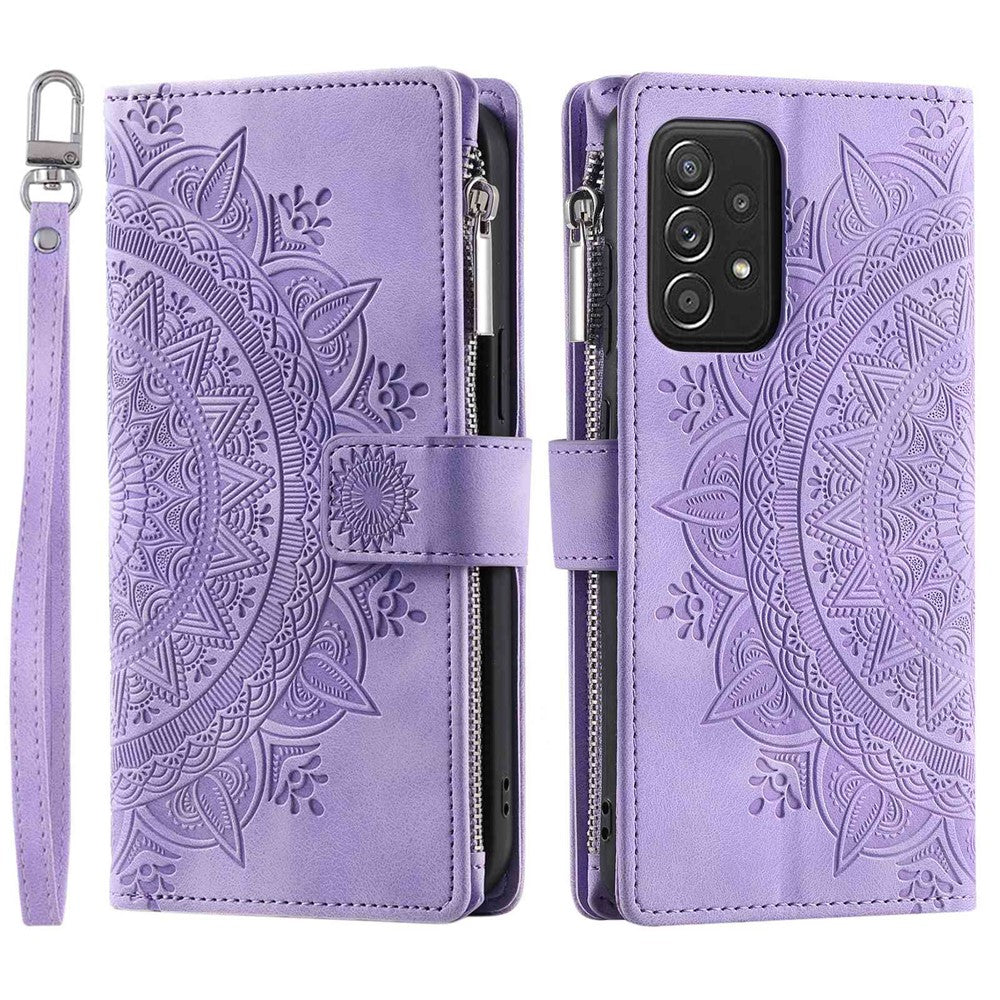 Zipper Pocket Wallet Case for Samsung Galaxy A52 4G / 5G / A52s 5G, Collision-proof Mandala Flower Imprinted PU Leather Stand Cover with Multiple Card Slots