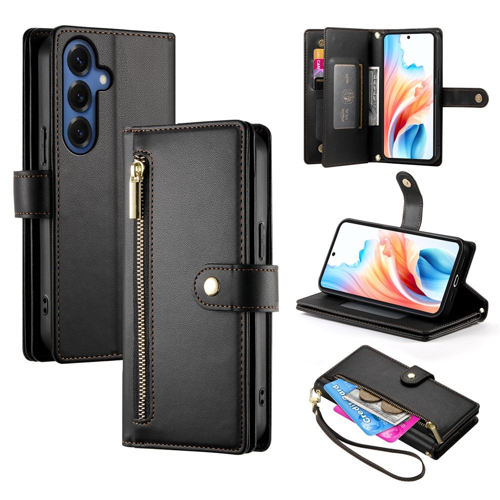 Samsung Galaxy S26+ Fodral Dragkedja Plånbok Läder Mobilskal med Remmar